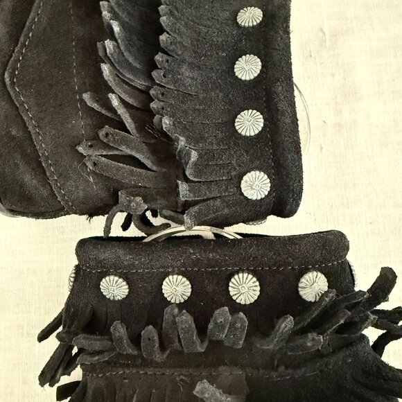Minnetonka Black Suede Double Fringe Ankle Boots Womens Size 6 Zip Southwest - Picture 8 of 10